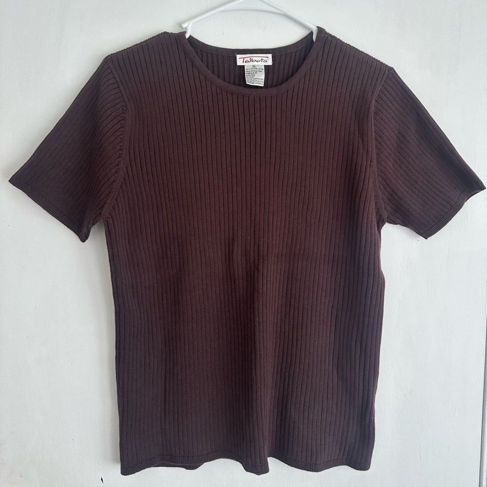Talbots women’s chocolate brown ribbed short sleeve cotton basic size XL